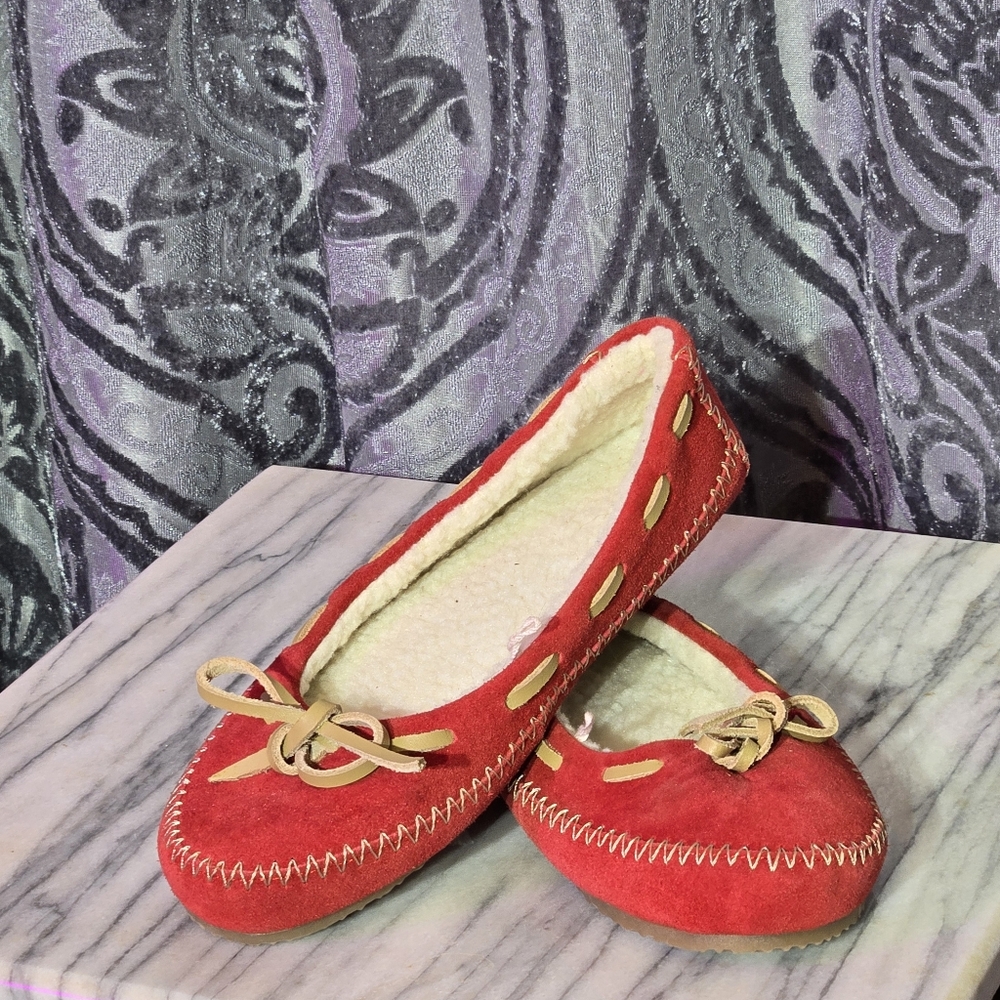 Red Suede Moccasin Slippers